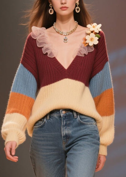 Colorblock V Neck Knit Short Sweater Winter