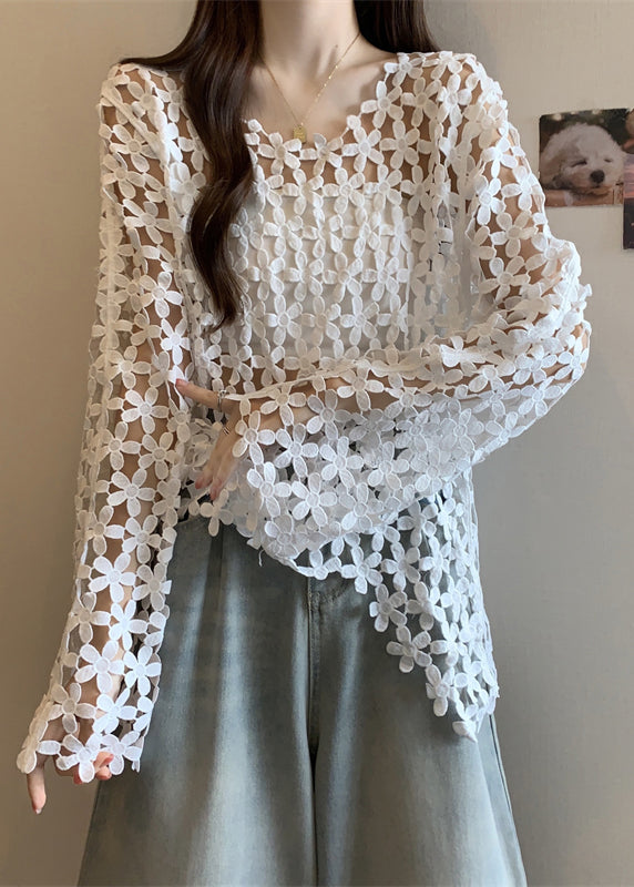 Fitted White Embroidered Hollow Out Tops Fall