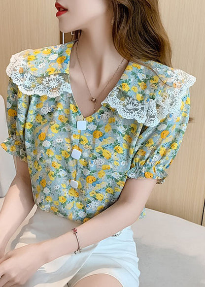 Natural Green Button Peter Pan Collar Lace Patchwork Chiffon Blouses Short Sleeve