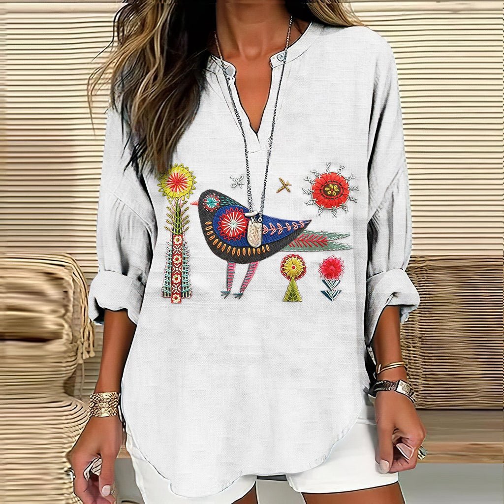 Women's Floral And Bird Embroidery Art Pattern Cotton And Linen V-neck Shirt artswardrobe