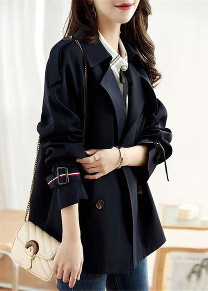 Navy Double Breast Pockets Patchwork Cotton Coats Fall
