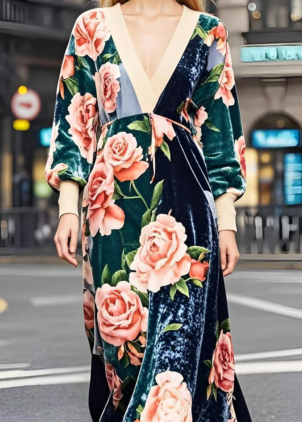 Colorblock V Neck Patchwork Print Silk Velour Dresses Fall