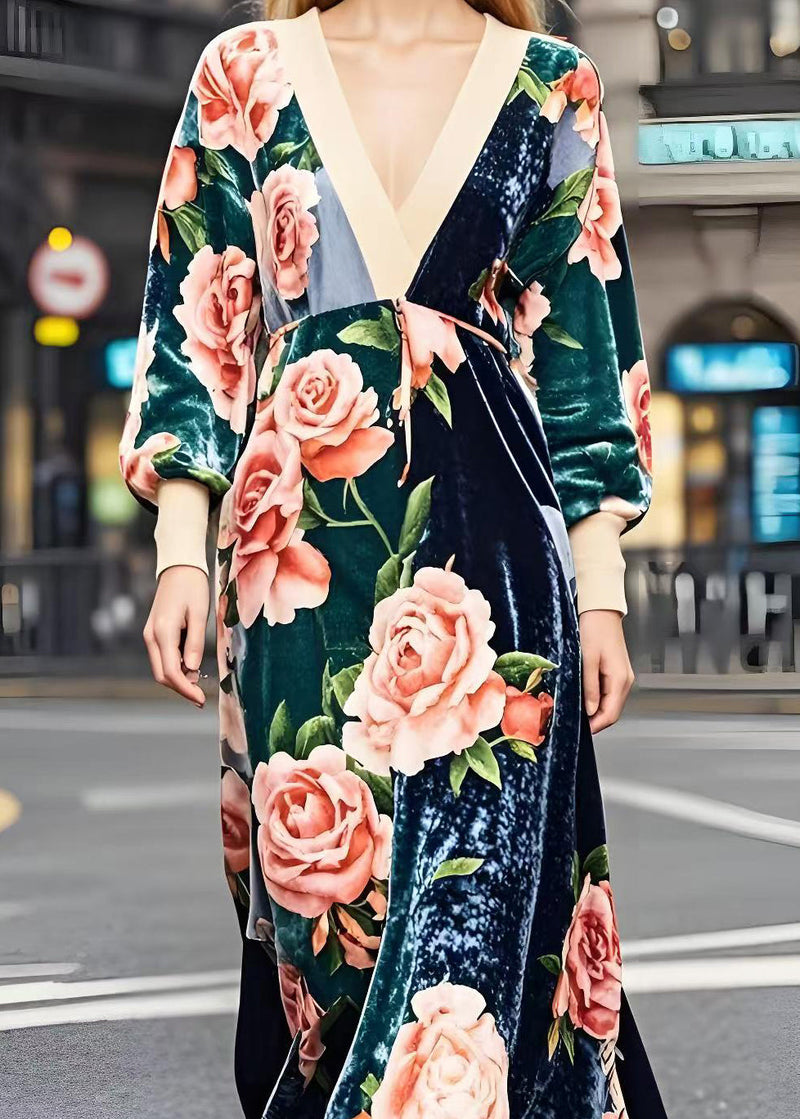 Colorblock V Neck Patchwork Print Silk Velour Dresses Fall