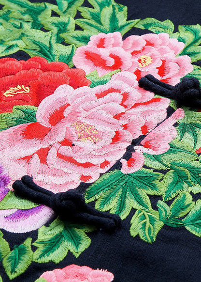 Navy Stand Collar Embroideried Button Coats Long Sleeve