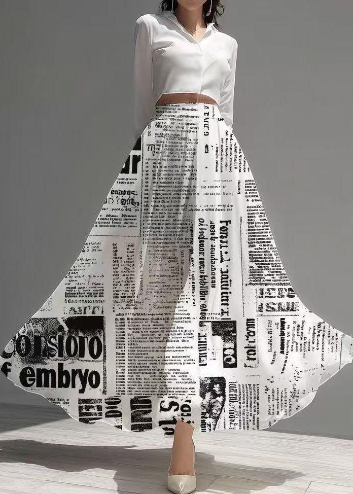 Unique White Newspapers Print Draping Chiffon Skirts Fall