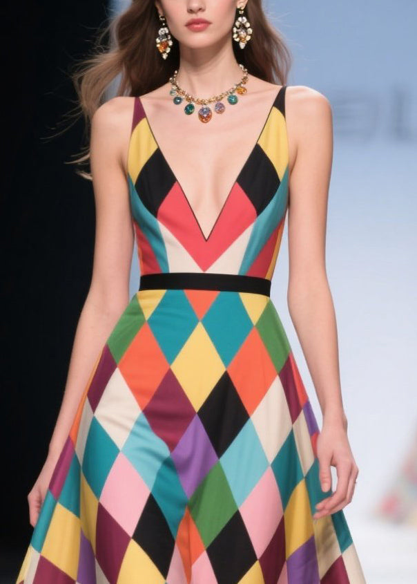 Polychrome Plaid Patchwork Lace Party Dress Summer