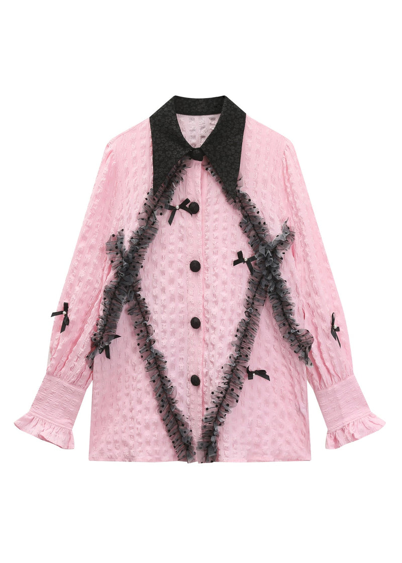 Pink Square Collar Ruffled Print Tulle Shirts Long Sleeve