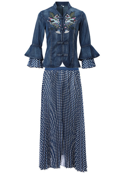 Art Blue Stand Collar Embroideried Denim Coats Flare Sleeve and Dot Print Chiffon Skirts Two Piece Set Clothing