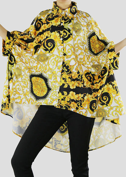 Diy Yellow Low High Design Peter Pan Collar Print Shirt Batwing Sleeve