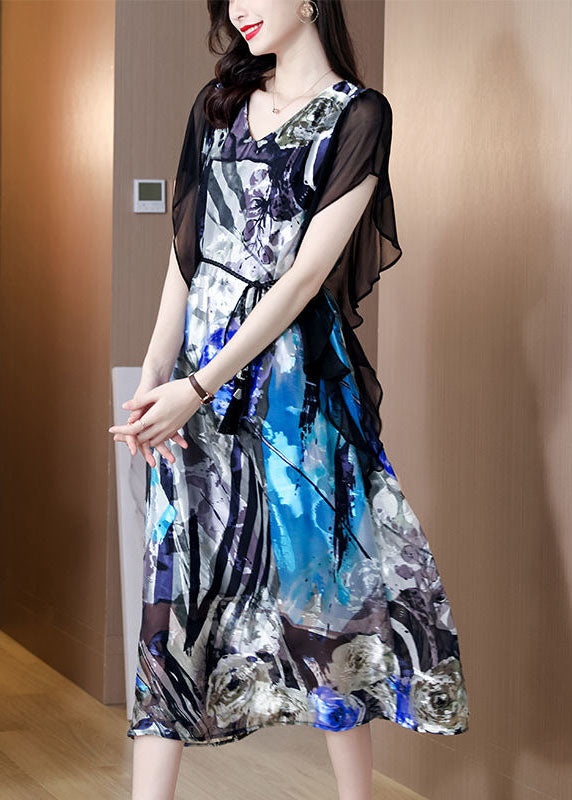 Blue V Neck Patchwork Print Silk Dress Summer