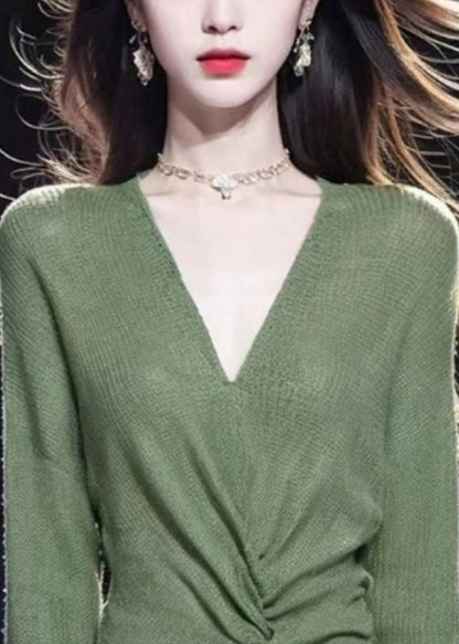 Simple Green V Neck Cozy Knit Sweater Fall