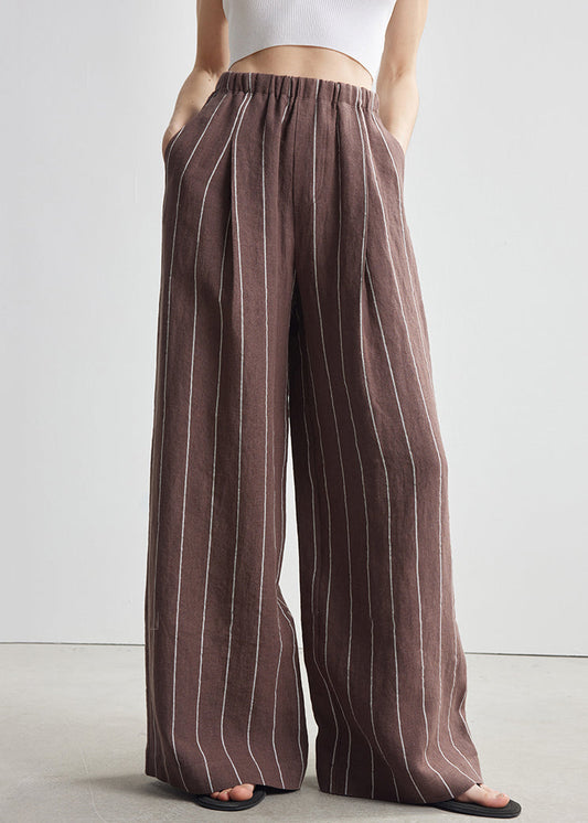 Art Brown Striped Pockets Elastic Waist Linen Pants Fall