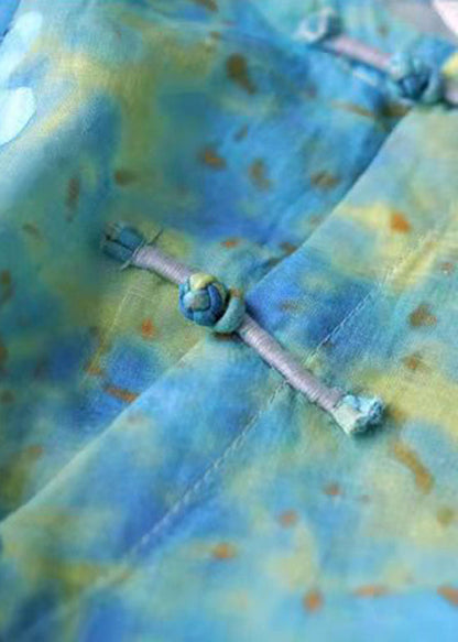 Chinese Style Green Print Linen Top Three Quarter Sleeve