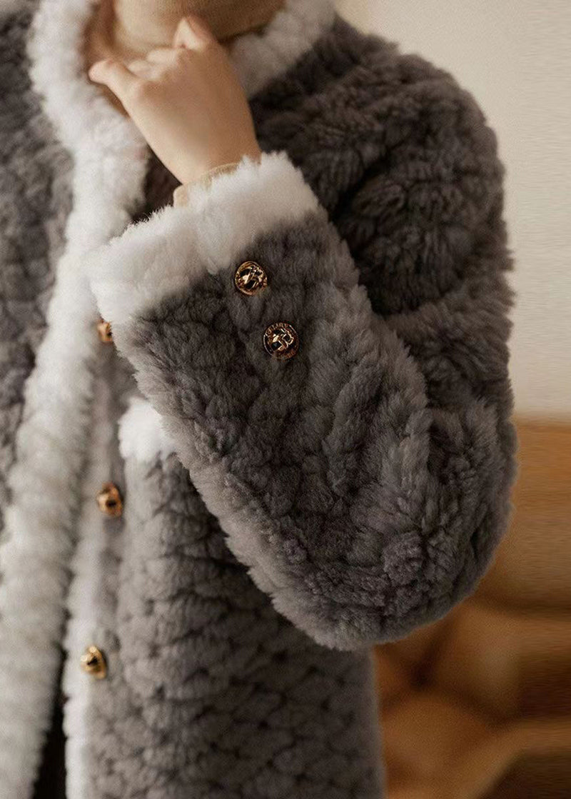 Grey O Neck Pockets Patchwork Wool Coat Winter