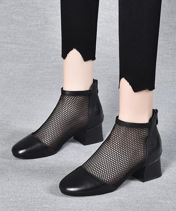 Black Boots Chunky Faux Leather Splicing Breathable Mesh