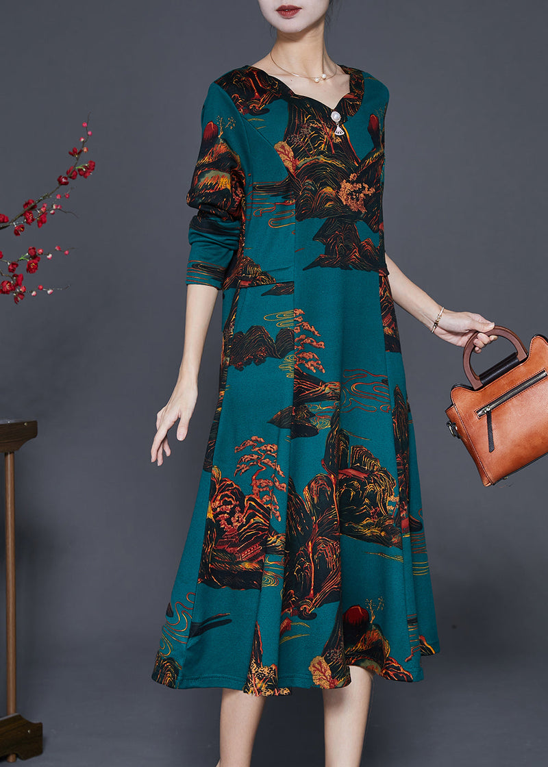 Blackish Green Print Silm Fit Cotton a Line Dresses Fall