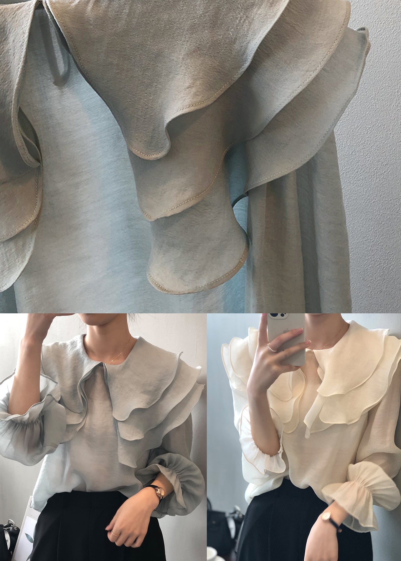 White Patchwork Thin Cotton Shirt Ruffled Long Sleeve
