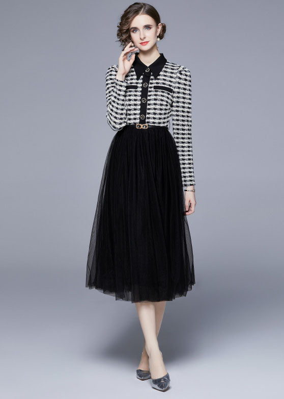 Black Peter Pan Collar Patchwork Tulle Cinch Dress Spring