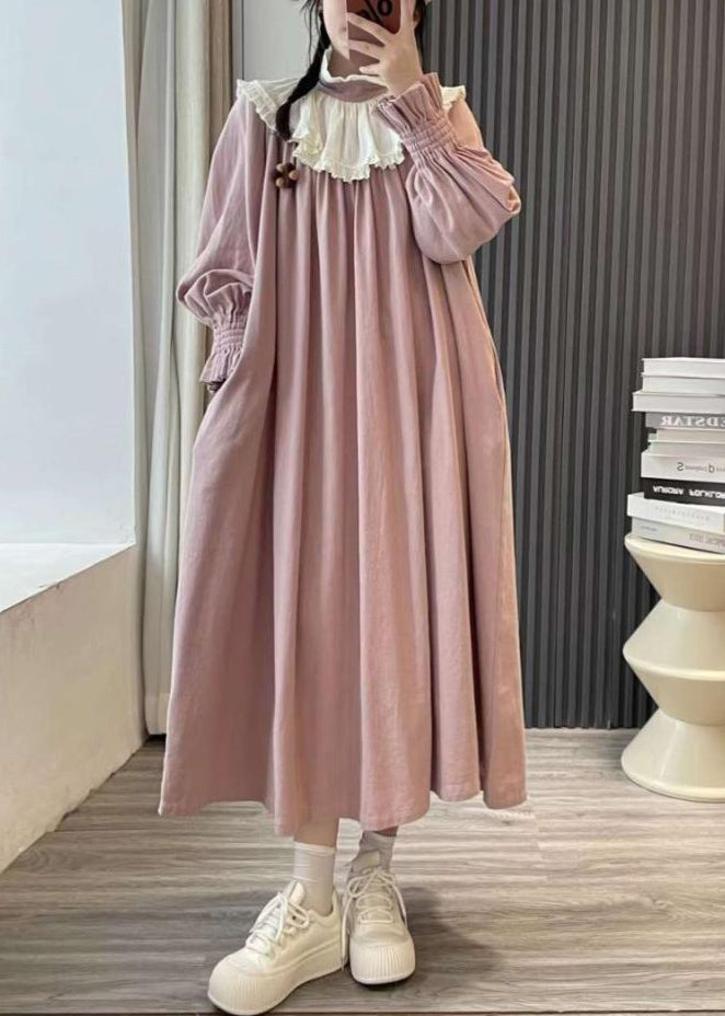 Pink Ruffled Patchwork Cotton Long Dresses Spring