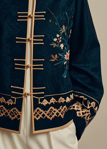 Navy Chinese Button Printsilk Coats Fall