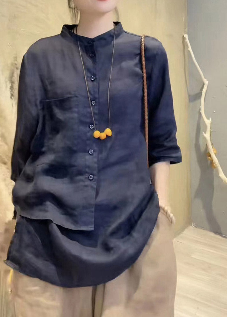 Green Stand Collar Asymmetrical Button Linen Shirts Long Sleeve