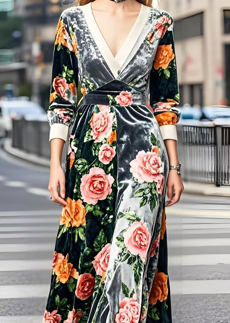 Silm Fit V Neck Patchwork Silk Velour Robe Dresses Spring