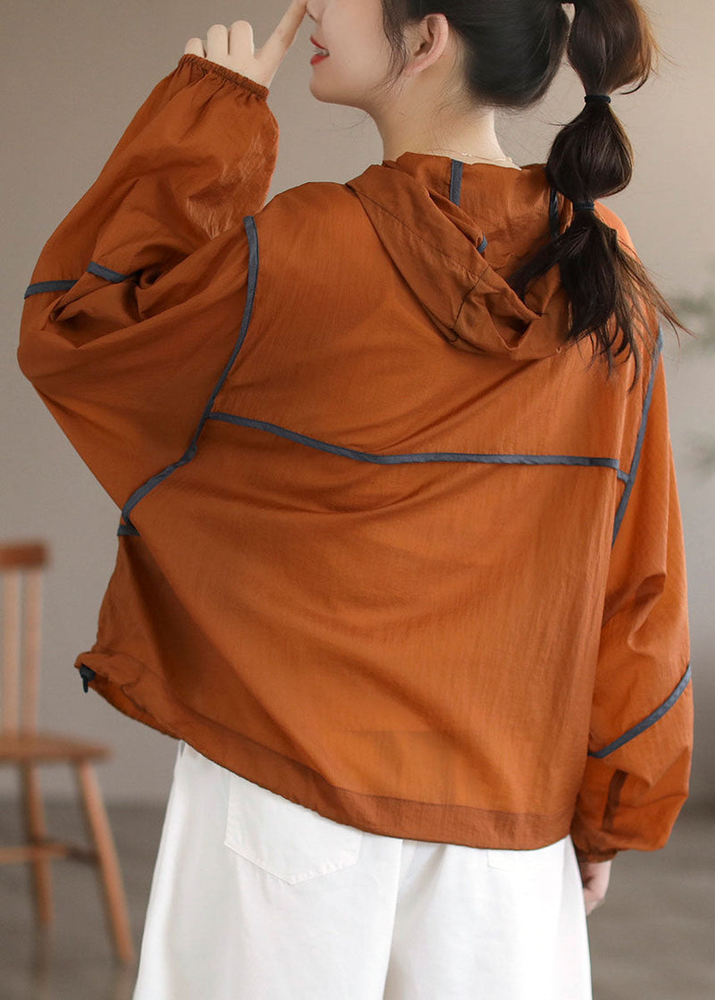 Orange Hooded Patchwork Cotton Coat Long Sleeve