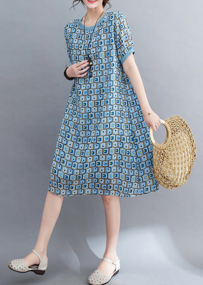 Light Blue Print Draping Chiffon Holiday Dress Summer