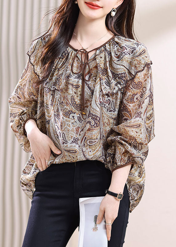 Lace Up Print Patchwork Chiffon Top Fall