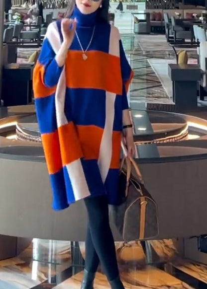Stylish Colorblock Hign Neck Woolen Knit Dress Batwing Sleeve Spring