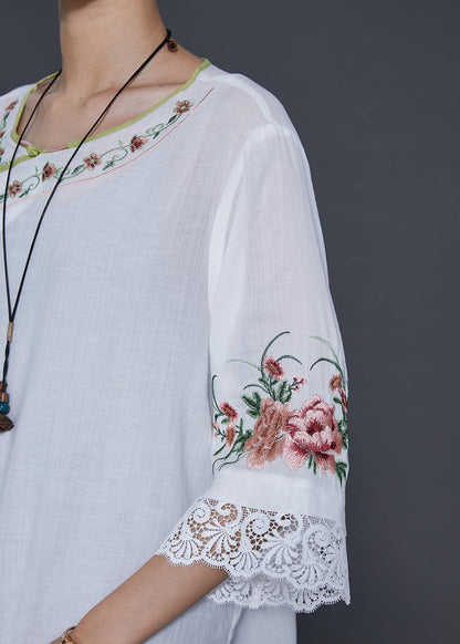 White Embroidered Patchwork Linen Oriental Dresses Summer
