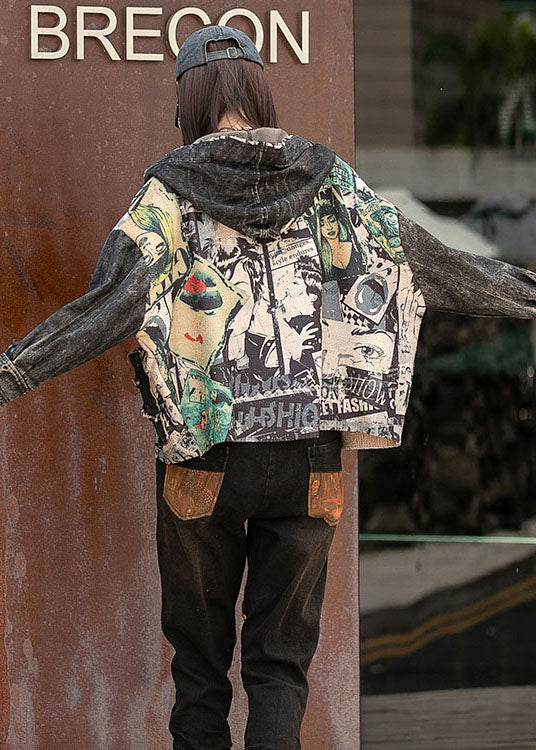 Denim Patchwork Knit Print Pockets Fall Jacket Long Sleeve