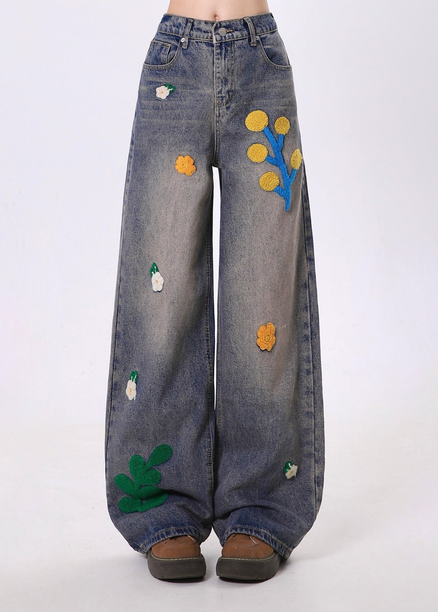 Blue Embroidered Denim Straight Pants Spring