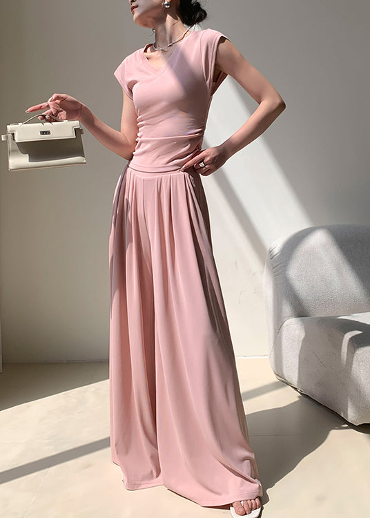 Pink Pockets Elastic Waist Cotton Wide Leg Pants Summer