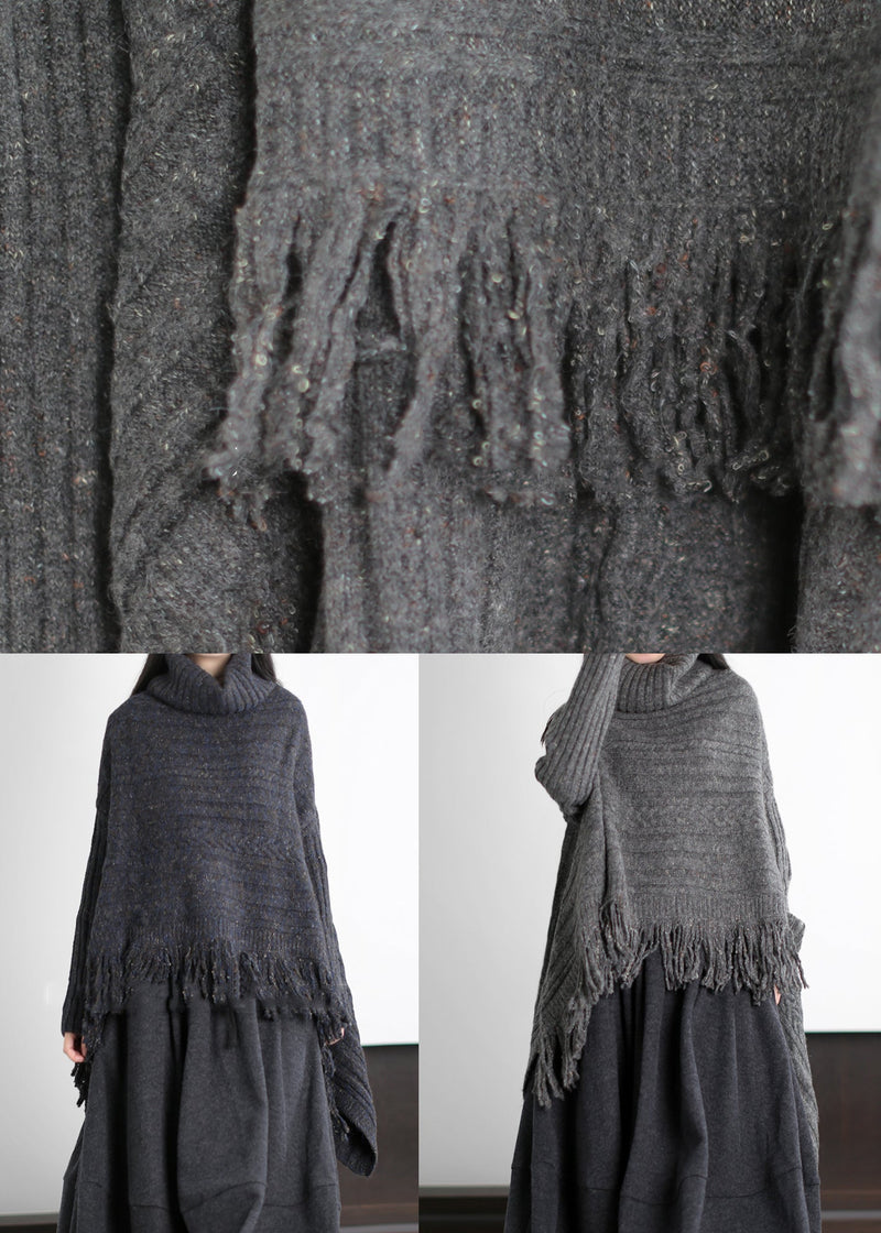 French Grey Turtle Neck Low High Design Knitted Tops Winter