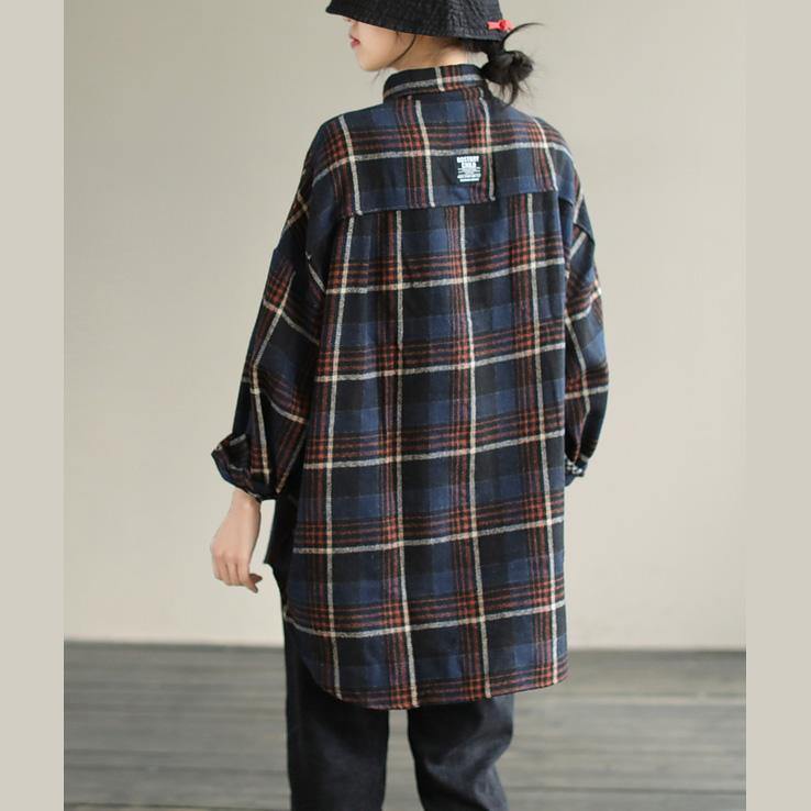 Navy Plaid Tunic Pattern Lapel Patchwork Knee Spring Top