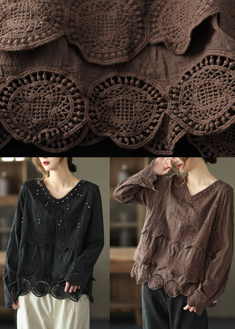 Classy Black V Neck Nail Bead Fall Tops Long Sleeve