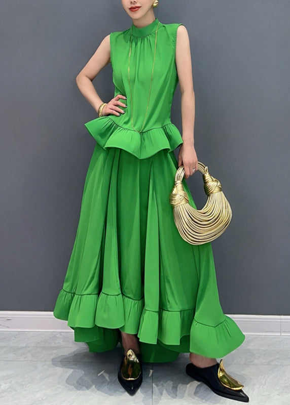 Organic Green O-neck Ruffled Top and Maxi Skirts Two Piece Set Sleeveless