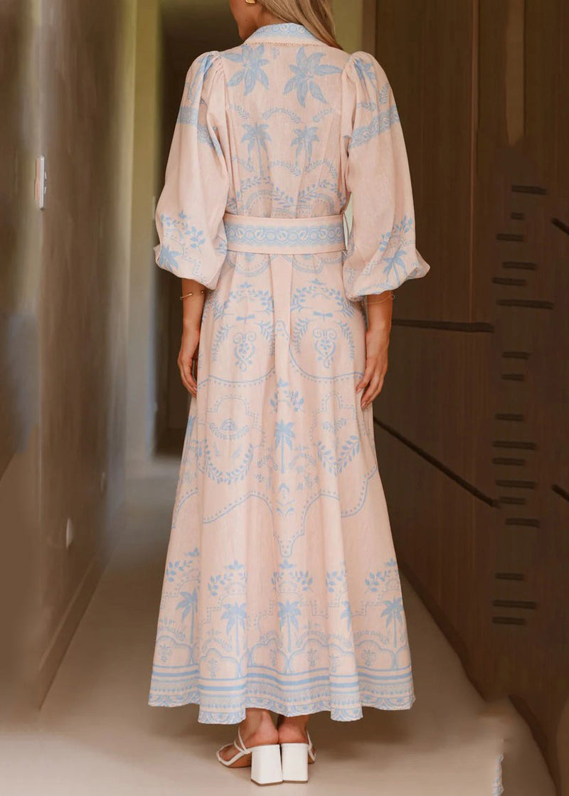 Blue Print Maxi Linen Dresses Lantern Sleeve Fall