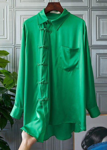 Green Peter Pan Collar Pockets Button Silk Shirt Long Sleeve