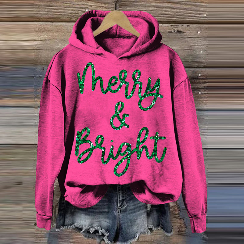 Comstylish Christmas Sparkly Glitter Merry And Bright Print Hoodie