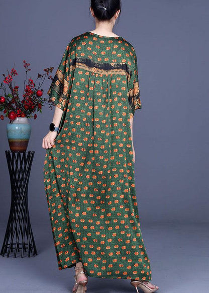 Green Dot Silk Patchwork V Neck Dress Summer