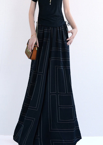 Black Geometric Pockets Cotton Wide Leg Pants Elastic Waist Summer