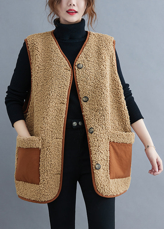 Style Khaki V Neck Button Teddy Faux Fur Waistcoat Fall