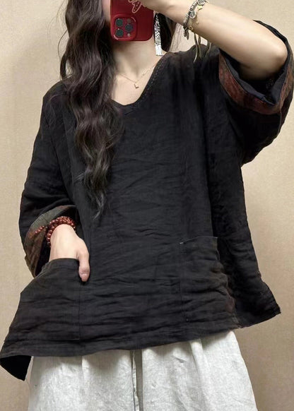 Black Pockets Linen Top Bracelet Sleeve