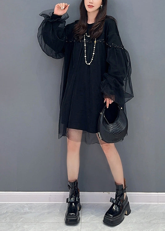 Pink O Neck Tulle Patchwork Cotton Mid Dresses Fall
