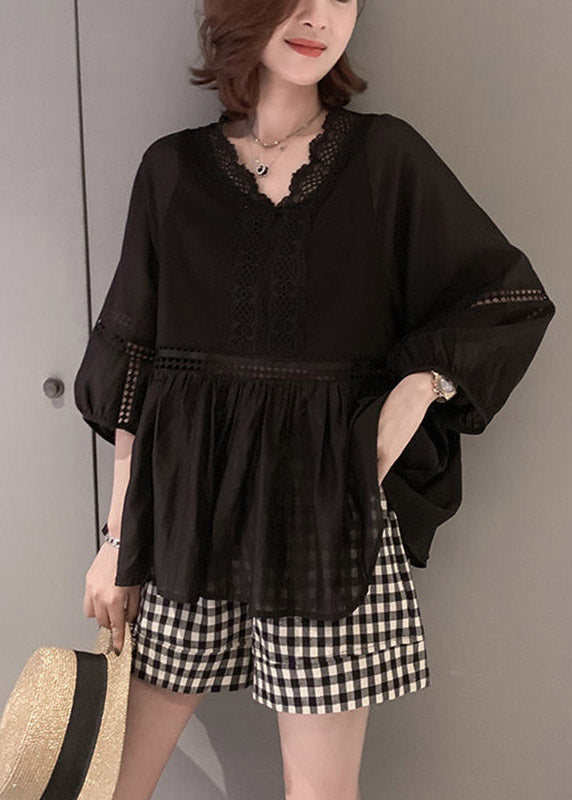 Black V Neck Hollow Out Patchwork Lace Shirt Three Quarter Sleeve