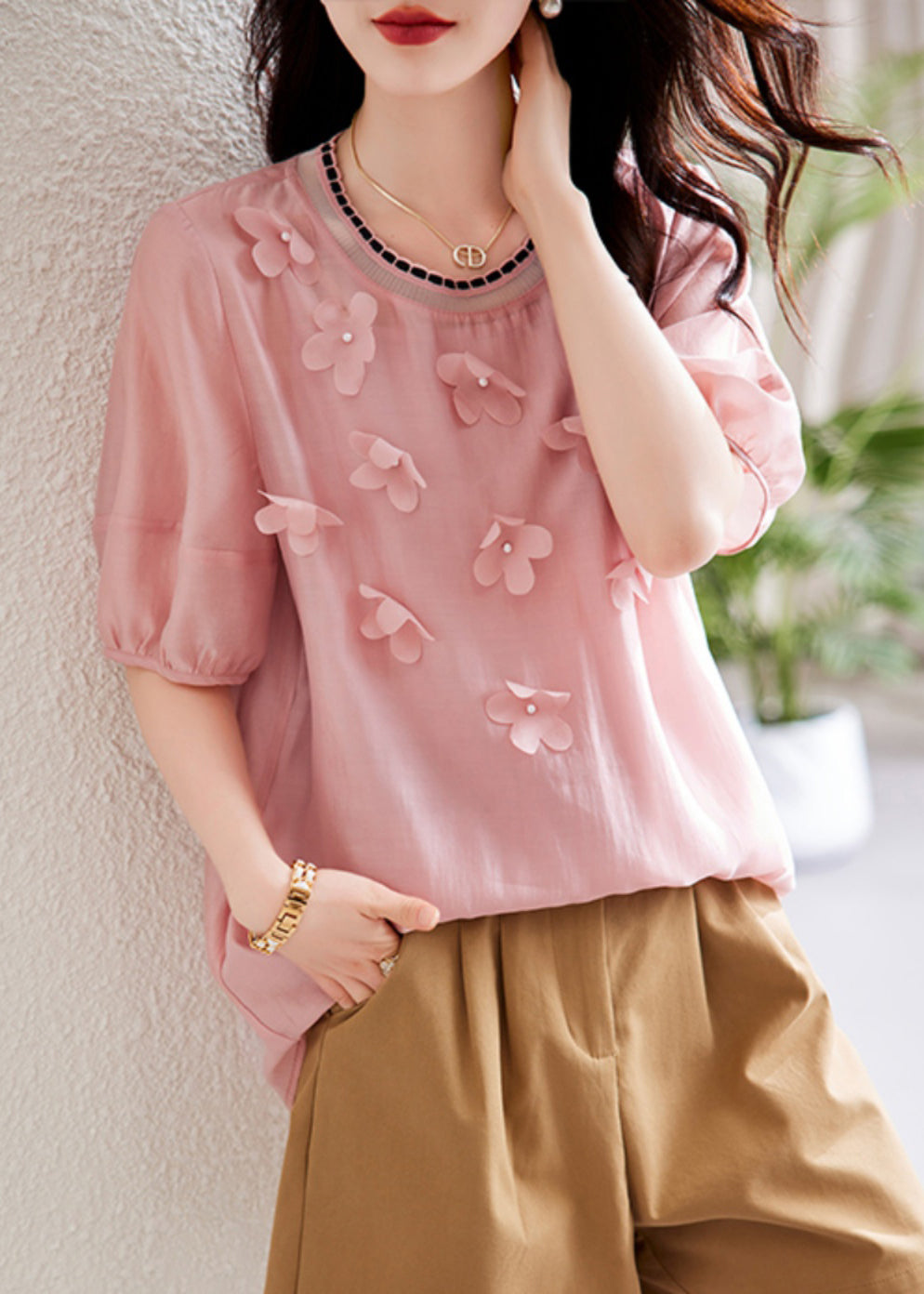 Pink Knit Patchwork Chiffon Shirt Summer