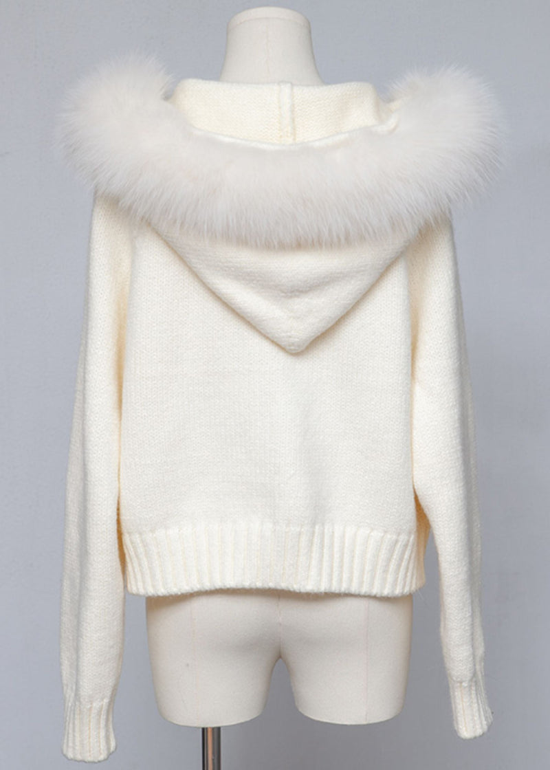 White Hooded Zippered Cozy Patchwork Knit Coat