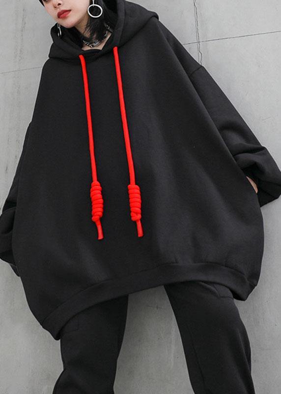 Style Black Hooded Pockets Drawstring Fall Loose Sweatshirts Top